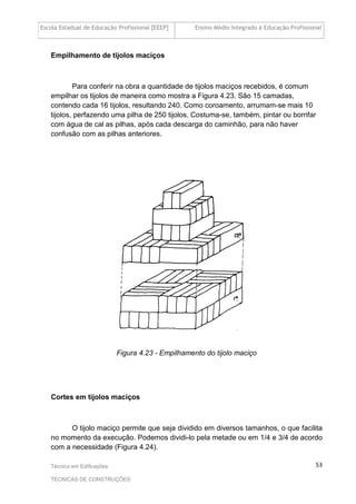 Escola Estadual de Educação Profissional [EEEP] Ensino Médio Integrado à Educação Profissional
Técnico em Edificações
TÉCNICAS DE CONSTRUÇÕES
53
Empilhamento de tijolos maciços
Para conferir na obra a quantidade de tijolos maciços recebidos, é comum
empilhar os tijolos de maneira como mostra a Figura 4.23. São 15 camadas,
contendo cada 16 tijolos, resultando 240. Como coroamento, arrumam-se mais 10
tijolos, perfazendo uma pilha de 250 tijolos. Costuma-se, também, pintar ou borrifar
com água de cal as pilhas, após cada descarga do caminhão, para não haver
confusão com as pilhas anteriores.
Figura 4.23 - Empilhamento do tijolo maciço
Cortes em tijolos maciços
O tijolo maciço permite que seja dividido em diversos tamanhos, o que facilita
no momento da execução. Podemos dividi-lo pela metade ou em 1/4 e 3/4 de acordo
com a necessidade (Figura 4.24).
 