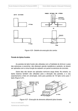 Escola Estadual de Educação Profissional [EEEP] Ensino Médio Integrado à Educação Profissional
Técnico em Edificações
TÉCNICAS DE CONSTRUÇÕES
56
Figura 4.26 - Detalhe de execução dos cantos
Parede de tijolos furados
As paredes de tijolo furado são utilizadas com a finalidade de diminuir o peso
das estruturas e economia, não oferecem grande resistência e portanto, só devem
ser aplicados com a única função de vedarem um painel na estrutura de concreto.
Sobre elas não devem ser aplicados nenhuma carga direta. No entanto, os
tijolos baianos também são utilizados para a elevação das paredes, e o seu
assentamento e feito em amarração, tanto para paredes de 1/2 tijolo como para 1
tijolo (Figura 4.27).
Figura 4.27 - Execução de alvenaria utilizando tjolos furados
 