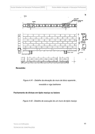 Escola Estadual de Educação Profissional [EEEP] Ensino Médio Integrado à Educação Profissional
Técnico em Edificações
TÉCNICAS DE CONSTRUÇÕES
65
b
-
Revestido:
Figura 4.41 - Detalhe da elevação de muro de bloco aparente ,
revestido e viga baldrame
Fechamento de divisas em tijolo maciço ou baiano
Figura 4.42 - Detalhe de execução de um muro de tijolo maciço
 