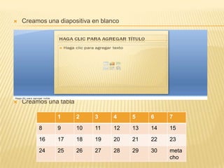    Creamos una diapositiva en blanco




   Creamos una tabla

                1       2    3     4    5    6    7

         8      9       10   11    12   13   14   15

         16     17      18   19    20   21   22   23

         24     25      26   27    28   29   30   meta
                                                  cho
 