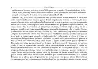 Edificando a la Iglesia94
cuidado que mi hermana me deje servir sola? Dile, pues, que me ayude. 41Respondiendo Jesús, le dijo:
Marta, Marta, afanada y turbada estás con muchas cosas. 42Pero sólo una cosa es necesaria; y María ha
escogido la buena parte, la cual no le será quitada” (Lucas 10:38-42).
Sólo una cosa es necesaria. Muchas cosas hay, pero solamente una es necesaria. A los ojos de
Jesús, entre todas las cosas hay una que es de más importancia; primero lo necesario, las cosas
mayores, las más importantes, el camello, lo primero y necesario; y otras cosas que son después,
menos importantes, los mosquitos, cosas no tan necesarias, que podemos pasar sin ellas y no
sucede nada. Pero si quitamos las principales columnas, se viene abajo la casa, no así si
quitamos un vidrio, ahí no pasa nada. No vamos a quitar la viga para arreglar el vidrio. Esto nos
ayuda a entender que aun en la Palabra de Dios hay cosas fundamentales y otras que no lo son.
La Iglesia debe entender y tener muy en claro que la Palabra nos muestra que hay cosas que son
importantes y mayores por las cuales sí debe contender, en las cuales la Iglesia tiene que ser
intransigente; la Iglesia tiene que estar pendiente, no puede ceder ni un milímetro, porque se
trata de cosas fundamentales; y hay otras en que la Iglesia puede tolerar, puede soportar las
diferencias con tal de que no se destruya la casa; puede romperse el vidrio, pero no vamos a
vender la casa, ni repartir unos para allá y otros para acá porque se me rompió el vidrio, no,
porque ya el Señor se queda sin casa. Toleramos la ruptura del vidrio con tal de que la casa sea
una para el Señor, pero nunca vamos a serruchar las vigas por causa de que nos rompieron el
vidrio. Vamos a comparar dos pasajes: Judas 3 y Romanos 14. Vamos a ver el verbo contender,
que es luchar. Hay cosas por las cuales tenemos que luchar denodadamente, y el Espíritu
demanda de la Iglesia que esté pendiente de ciertas cosas y no puede tolerar diferencias en
ciertas cosas; pero hay otras cosas que el mismo Espíritu, que manda contender en unas, manda
 