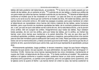 Qué es la obra y qué es la iglesia local 123
tablas del lado posterior del tabernáculo, al occidente. 28
Y la barra de en medio pasará por en
medio de las tablas, de un extremo al otro. 29
Y cubrirás de oro las tablas, y harás sus anillos de
oro para meter por ellos las barras; también cubrirás de oro las barras. 30
Y alzarás el tabernáculo
conforme al modelo que te fue mostrado en el monte”. La casa de Dios no se puede edificar
como a uno se le ocurra; tiene que ser conforme al modelo de Dios. Ahí están las tablas, pero los
santos tienen comunión entre sí. Ahí están las espigas cruzadas; pero para mantener en orden
el tabernáculo se necesitaban cinco barras del mismo material de las tablas; seres humanos
también, pero cuya función es mantener ajustadas las tabla; de lo contrario podemos torcernos
así, o así; por eso es que a las tablas se les cubría de oro, de la naturaleza divina, y se le ponían
cinco anillos. Del oro surgían los anillos. Imaginémonos aquí todas las tablas. Aquí estaban
todas paradas, de oro con los anillos, pero por todas las tablas, por lo anillos, se metían las
barras; eran cinco barras que mantenían a la pared derechita. Por eso es que dice que Él
constituyó apóstoles, profetas, evangelistas, pastores y maestros, para perfeccionar a los santos
para la obra del ministerio para la edificación del cuerpo de Cristo. Note que todos son paralelos,
todos van en la misma dirección; y había una barra que era la del medio, que era la que iba de un
extremo al otro, que era la barra que cubría más, que es la que representa el apostolado; porque
dice:
"Primeramente apóstoles, luego profetas, lo tercero maestros, luego los que hacen milagros,
después los que sanan, los que ayudan, los que administran, los que tienen don de lenguas” (1
Corintios 12:28). Vemos las cinco barras representando los cinco ministerios, manteniendo el
cuerpo de Cristo, el tabernáculo de Dios en pie. "Y lo harás conforme al modelo”. No podemos
edificar a la iglesia conforme a nuestro modelo; podemos hacer un club como queremos, una
empresa como queremos, un partido como queremos, pero no una iglesia como queremos, sino
la Iglesia como la quiere el Señor. Las barras tienen en orden la casa; las barras sostienen la
 