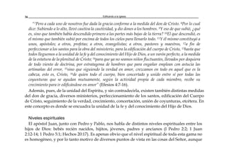 Edificando a la Iglesia36
“7Pero a cada uno de nosotros fue dada la gracia conforme a la medida del don de Cristo. 8Por lo cual
dice: Subiendo a lo alto, llevó cautiva la cautividad, y dio dones a los hombres. 9Y eso de que subió, ¿qué
es, sino que también había descendido primero a las partes más bajas de la tierra? 10El que descendió, es
el mismo que también subió por encima de todos los cielos para llenarlo todo. 11Y él mismo constituyó a
unos, apóstoles; a otros, profetas; a otros, evangelistas; a otros, pastores y maestros, 12a fin de
perfeccionar a los santos para la obra del ministerio, para la edificación del cuerpo de Cristo, 13hasta que
todos lleguemos a la unidad de la fe y del conocimiento del Hijo de Dios, a un varón perfecto, a la medida
de la estatura de la plenitud de Cristo; 14para que ya no seamos niños fluctuantes, llevados por doquiera
de todo viento de doctrina, por estratagema de hombres que para engañar emplean con astucia las
artimañas del error, 15sino que siguiendo la verdad en amor, crezcamos en todo en aquel que es la
cabeza, esto es, Cristo, 16de quien todo el cuerpo, bien concertado y unido entre sí por todas las
coyunturas que se ayudan mutuamente, según la actividad propia de cada miembro, recibe su
crecimiento para ir edificándose en amor” (Efesios 4:7-16).
Además, pues, de la unidad del Espíritu, y sin contradecirla, existen también distintas medidas
del don de gracia, diversos ministerios, perfeccionamiento de los santos, edificación del Cuerpo
de Cristo, seguimiento de la verdad, crecimiento, concertación, unión de coyunturas, etcétera. En
este concepto es donde se encuadra la unidad de la fe y del conocimiento del Hijo de Dios.
Niveles espirituales
El apóstol Juan, junto con Pedro y Pablo, nos habla de distintos niveles espirituales entre los
hijos de Dios: bebés recién nacidos, hijitos, jóvenes, padres y ancianos (l Pedro 2:2; 1 Juan
2:12-14; 1 Pedro 5:1; Hechos 20:17). Es apenas obvio que el nivel espiritual de toda esta gama no
es homogéneo, y por lo tanto motivo de diversos puntos de vista en las cosas del Señor, aunque
 