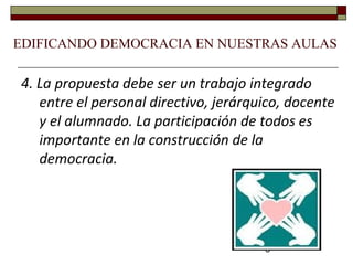 5
EDIFICANDO DEMOCRACIA EN NUESTRAS AULAS
4. La propuesta debe ser un trabajo integrado
entre el personal directivo, jerárquico, docente
y el alumnado. La participación de todos es
importante en la construcción de la
democracia.
 