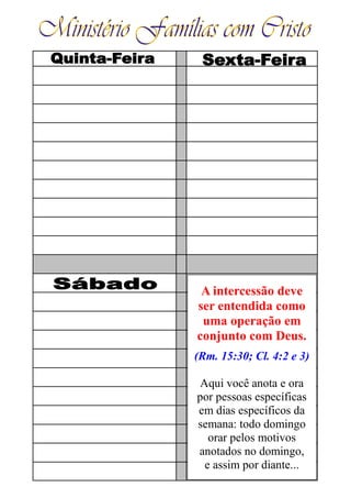 A intercessão deve
ser entendida como
uma operação em
conjunto com Deus.
(Rm. 15:30; Cl. 4:2 e 3)
Aqui você anota e ora
por pessoas específicas
em dias específicos da
semana: todo domingo
orar pelos motivos
anotados no domingo,
e assim por diante...
 