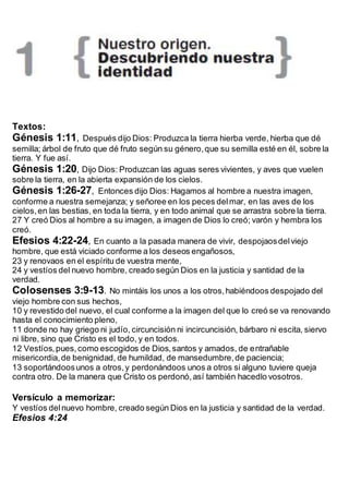 Textos:
Génesis 1:11, Después dijo Dios: Produzca la tierra hierba verde, hierba que dé
semilla; árbol de fruto que dé fruto según su género,que su semilla esté en él, sobre la
tierra. Y fue así.
Génesis 1:20, Dijo Dios: Produzcan las aguas seres vivientes, y aves que vuelen
sobre la tierra, en la abierta expansión de los cielos.
Génesis 1:26-27, Entonces dijo Dios: Hagamos al hombre a nuestra imagen,
conforme a nuestra semejanza; y señoree en los peces delmar, en las aves de los
cielos,en las bestias, en toda la tierra, y en todo animal que se arrastra sobre la tierra.
27 Y creó Dios al hombre a su imagen, a imagen de Dios lo creó; varón y hembra los
creó.
Efesios 4:22-24, En cuanto a la pasada manera de vivir, despojaosdelviejo
hombre, que está viciado conforme a los deseos engañosos,
23 y renovaos en el espíritu de vuestra mente,
24 y vestíos del nuevo hombre, creado según Dios en la justicia y santidad de la
verdad.
Colosenses 3:9-13. No mintáis los unos a los otros,habiéndoos despojado del
viejo hombre con sus hechos,
10 y revestido del nuevo, el cual conforme a la imagen del que lo creó se va renovando
hasta el conocimiento pleno,
11 donde no hay griego ni judío, circuncisión ni incircuncisión, bárbaro ni escita, siervo
ni libre, sino que Cristo es el todo, y en todos.
12 Vestíos,pues,como escogidos de Dios,santos y amados, de entrañable
misericordia,de benignidad, de humildad, de mansedumbre,de paciencia;
13 soportándoosunos a otros,y perdonándoos unos a otros si alguno tuviere queja
contra otro. De la manera que Cristo os perdonó,así también hacedlo vosotros.
Versículo a memorizar:
Y vestíos delnuevo hombre, creado según Dios en la justicia y santidad de la verdad.
Efesios 4:24
 