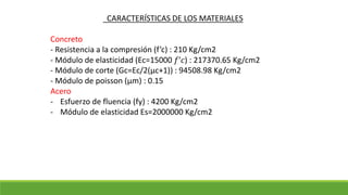 CARACTERÍSTICAS DE LOS MATERIALES
Concreto
- Resistencia a la compresión (f’c) : 210 Kg/cm2
- Módulo de elasticidad (Ec=15000 𝑓′𝑐) : 217370.65 Kg/cm2
- Módulo de corte (Gc=Ec/2(µc+1)) : 94508.98 Kg/cm2
- Módulo de poisson (µm) : 0.15
Acero
- Esfuerzo de fluencia (fy) : 4200 Kg/cm2
- Módulo de elasticidad Es=2000000 Kg/cm2
 
