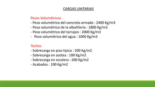 CARGAS UNITARIAS
Pesos Volumétricos
- Peso volumétrico del concreto armado : 2400 Kg/m3
- Peso volumétrico de la albañilería : 1800 Kg/m3
- Peso volumétrico del tarrajeo : 2000 Kg/m3
- Peso volumétrico del agua : 1000 Kg/m3
Techos
- Sobrecarga en piso típico : 200 Kg/m2
- Sobrecarga en azotea : 100 Kg/m2
- Sobrecarga en escalera : 200 Kg/m2
- Acabados : 100 Kg/m2
 