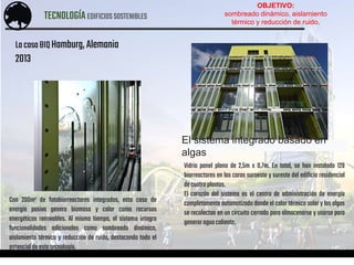 TECNOLOGÍAEDIFICIOSSOSTENIBLES
ACOSTA – AGUIRRE – CALDAS – PINEDO – PONTE – TABOADA
El sistema integrado basado en
algas
LacasaBIQHamburg,Alemania
2013
Con 200m² de fotobiorreactores integrados, esta casa de
energía pasiva genera biomasa y calor como recursos
energéticos renovables. Al mismo tiempo, el sistema integra
funcionalidades adicionales como sombreado dinámico,
aislamiento térmico y reducción de ruido, destacando todo el
potencialde esta tecnología.
Vidrio panel plano de 2,5m x 0,7m. En total, se han instalado 129
biorreactores en las caras suroeste y sureste del edificio residencial
de cuatroplantas.
El corazón del sistema es el centro de administración de energía
completamente automatizado donde el calor térmico solar y las algas
se recolectan en un circuito cerrado para almacenarse y usarse para
generaraguacaliente.
OBJETIVO:
sombreado dinámico, aislamiento
térmico y reducción de ruido.
 