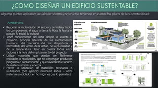 Algunos puntos aplicables a cualquier sistema constructivo teniendo en cuenta los pilares de la sustentabilidad:
AMBIENTAL
 Respetar la implantación del entorno, considerar todos
los componentes: el agua, la tierra, la flora, la fauna, el
paisaje, lo social, lo cultural.
 Tener conocimiento del clima donde se asienta el
proyecto, principal referente de los asentamientos
humanos, del recorrido del sol (trayectoria e
intensidad), del viento, de la latitud, de la pluviosidad y
de la temperatura. Tener en cuenta todos estos
factores a la hora del emplazamiento del proyecto.
 Utilizar materiales que puedan ser fácilmente
reciclados o reutilizados, que no contengan productos
peligrosos o contaminantes y que favorezcan el ahorro
de materias primas y energía.
 Prever la utilización de materiales reciclados o
reutilizados (por ejemplo: introducir áridos u otros
materiales reciclados en hormigones que lo permitan)
 