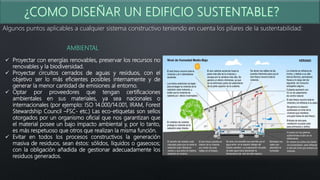 Algunos puntos aplicables a cualquier sistema constructivo teniendo en cuenta los pilares de la sustentabilidad:
AMBIENTAL
 Proyectar con energías renovables, preservar los recursos no
renovables y la biodiversidad.
 Proyectar circuitos cerrados de aguas y residuos, con el
objetivo ser lo más eficientes posibles internamente y de
generar la menor cantidad de emisiones al entorno.
 Optar por proveedores que tengan certificaciones
ambientales en sus materiales, ya sea nacionales o
internacionales (por ejemplo: ISO 14.000/14.001, IRAM, Forest
Stewardship Council –FSC- etc.) Las eco-etiquetas son sellos
otorgados por un organismo oficial que nos garantizan que
el material posee un bajo impacto ambiental y, por lo tanto,
es más respetuoso que otros que realizan la misma función.
 Evitar en todos los procesos constructivos la generación
masiva de residuos, sean éstos: sólidos, líquidos o gaseosos;
con la obligación añadida de gestionar adecuadamente los
residuos generados.
 