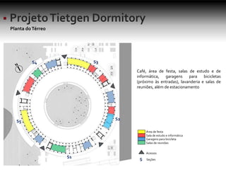 Café, área de festa, salas de estudo e de
informática, garagens para bicicletas
(próximo às entradas), lavanderia e salas de
reuniões, além de estacionamento
Planta doTérreo
Área de festa
Sala de estudo e informática
Garagens para bicicleta
Salas de reuniões
Acessos
S Seções
S2
S3S4
S5
 