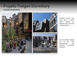 Fachada / Plasticidade
Fachada interna com
vista para o patio,
ponto central, os
volumes são as cozinha
e áreas comuns.
Os estudantes podem
ver o que está
acontecendo nas
cozinhas e varandas
coletivas.
 