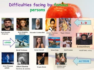 Difficulties facing by famous
persons
Daniel Radcliffe
(Dyspraxia)
Keira Knightley
(Dyslexia)
Albert Einstein
Dyslexic & autistic
Abhishek Bachchan
Dyslexic
Alexis Wineman
autistic
Evgeny Kissin
Jonathan Jayne
American Idol
vocal tone, rockingKarina Smirnoff Michael Phelps Josh FreemanDavid Neeleman
Magic JohnsonAlexander Graham Bell
ADHD
L. D
AUTISM
Extraordinary
 