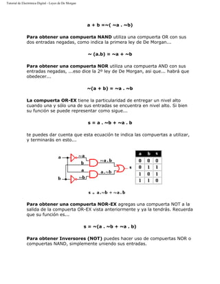 Tutorial de Electrónica Digital - Leyes de De Morgan
a + b =~( ~a . ~b)
Para obtener una compuerta NAND utiliza una compuerta OR con sus
dos entradas negadas, como indica la primera ley de De Morgan...
~ (a.b) = ~a + ~b
Para obtener una compuerta NOR utiliza una compuerta AND con sus
entradas negadas, ...eso dice la 2º ley de De Morgan, asi que... habrá que
obedecer...
~(a + b) = ~a . ~b
La compuerta OR-EX tiene la particularidad de entregar un nivel alto
cuando una y sólo una de sus entradas se encuentra en nivel alto. Si bien
su función se puede representar como sigue...
s = a . ~b + ~a . b
te puedes dar cuenta que esta ecuación te indica las compuertas a utilizar,
y terminarás en esto...
Para obtener una compuerta NOR-EX agregas una compuerta NOT a la
salida de la compuerta OR-EX vista anteriormente y ya la tendrás. Recuerda
que su función es...
s = ~(a . ~b + ~a . b)
Para obtener Inversores (NOT) puedes hacer uso de compuertas NOR o
compuertas NAND, simplemente uniendo sus entradas.
 