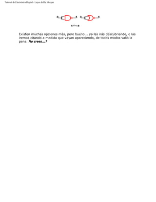Tutorial de Electrónica Digital - Leyes de De Morgan
Existen muchas opciones más, pero bueno... ya las irás descubriendo, o las
iremos citando a medida que vayan apareciendo, de todos modos valió la
pena. No crees...?
 