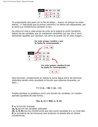 Tutorial de Electrónica Digital - Mapas de Karnaugh
Te preguntarás que pasó con la fila de abajo... bueno, es porque no estas
atento...!!! Recuerda que la primer columna y la última son adyacentes, por
lo tanto sus minitérminos también lo son.
De ahora en más a cada grupo de unos se le asigna la unión (producto
lógico) de las variables que se mantienen constante (ya sea uno o cero)
ignorando aquellas que cambian, tal como se puede ver en esta imagen...
Para terminar, simplemente se realiza la suma lógica entre los términos
obtenidos dando como resultado la función que estamos buscando, es
decir...
f = (~a . ~b) + (a . ~c)
Puedes plantear tu problema como una función de variables, en nuestro
ejemplo quedaría de esta forma...
f(a, b, c) = S(0, 1, 4, 6)
F es la función buscada
(a, b, c) son las variables utilizadas
(0, 1, 4, 6) son los minitérminos que dan como resultado 1 o un nivel alto.
S La sumatoria de las funciones que producen el estado alto en dichos
minitérminos.
 