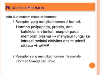 RESEPTOR HORMON
Ada dua macam reseptor hormon:
1.Reseptor yang mengikat hormon di luar sel.
Hormon polipeptida, protein, dan
katekolamin terikat reseptor pada
membran plasma → menyalur fungsi ke
intrasel melalui aktivitas enzim adenil
siklase  cAMP
fosfolipase C  Ca++
2.Reseptor yang mengikat hormon intraselluler
Hormon Steroid dan Tiroid
 