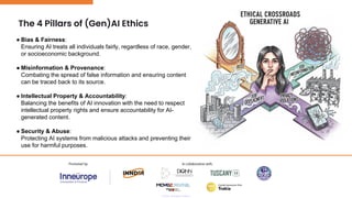 The 4 Pillars of (Gen)AI Ethics
● Bias & Fairness:
Ensuring AI treats all individuals fairly, regardless of race, gender,
or socioeconomic background.
● Misinformation & Provenance:
Combating the spread of false information and ensuring content
can be traced back to its source.
● Intellectual Property & Accountability:
Balancing the benefits of AI innovation with the need to respect
intellectual property rights and ensure accountability for AI-
generated content.
● Security & Abuse:
Protecting AI systems from malicious attacks and preventing their
use for harmful purposes.
 