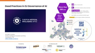 Good Practices in EU Governance of AI
DG CNECT, AI Office
Artificial Intelligence Innovation and Policy
Coordination / A4
CNECT-DIH@ec.europa.eu
A white circle with blue text and a cartoon character
Description automatically generated
90% of
EDIHs
provide
AI services
More than
200 hubs
• 169EDIHs (co-funded by DEP)
• 76 Seals of Excellence (funded by national authorities)
• 37 countries: EU27 + Norway, Iceland,
Liechtenstein, Albania, Montenegro, North Macedonia,
Serbia, Türkiye, Ukraine, Kosovo
• Hubs rooted in more than 90% of EU/EEA/AC regions
>>>New comers: Bosnia-Herzegovina, Moldova and Switzerland
 