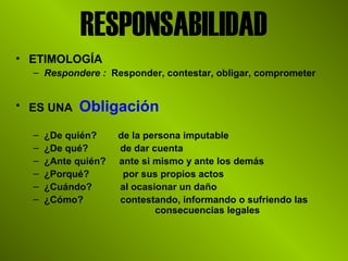 RESPONSABILIDAD
• ETIMOLOGÍA
– Respondere : Responder, contestar, obligar, comprometer
• ES UNA Obligación
– ¿De quién? de la persona imputable
– ¿De qué? de dar cuenta
– ¿Ante quién? ante si mismo y ante los demás
– ¿Porqué? por sus propios actos
– ¿Cuándo? al ocasionar un daño
– ¿Cómo? contestando, informando o sufriendo las
consecuencias legales
 