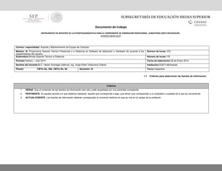 Documento de trabajo
1.1 Criterios para seleccionar las fuentes de información
Criterios
1. VERAZ. Que el contenido de las fuentes de información sea real y esté respaldada por una autoridad competente.
2. PERTINENTE. Es aquello acorde a lo que estamos hablando; aquello que corresponde a algo, que tienen que corresponder a un propósito o cualidad de lo que es conveniente.
3. ACTUAL/VIGENTE. Las fuentes de información deberán corresponder al momento histórico en que se vive en el campo de la profesión.
INSTRUMENTO DE REGISTRO DE LA ESTRATEGIADIDACTICA PARA EL COMPONENTE DE FORMACIÓN PROFESIONAL. SUBSISTEMA DGETI-MICHOACÁN.
VERSIÓN ENERO 2014
Carrera / especialidad: Soporte y Mantenimiento de Equipo de Cómputo
Módulo: III. Proporciona Soporte Técnico Presencial o a Distancia en Software de Aplicación y Hardware de acuerdo a los
requerimientos del usuario.
Número de horas: 272
Submódulo:Brinda Soporte Técnico a Distancia Número de horas:176
Periodo:Febrero – Julio 2014 Fecha de elaboración:28 de Enero 2014
Nombre del docente:M.C. Héctor Arciniega Valencia, Ing. Jorge Efraín Villanueva Chávez Institución:DGETI-Michoacán
Plantel: CBTis No. 052, CBTis No. 84 Semestre: IV Turno:Vespertino
 