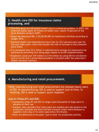 6/2/2016
15
3. Health care EDI for insurance claims
processing, and
 Providing good and affordable health care is a universal problem. In 2015, the
American public spent $5 trillion on health care, nearly 15 percent of the
gross domestic product (GDP).
 Nepal did allocated NRs. 2,50,00,00,000 for healthcare facilities according to
budget 2016.
 National health care expenditures have risen by 10.5 percent each year for
the past eight years—more than double the rate of increase in the consumer
price index.
 It is estimated that $3.2 billion in administrative savings are expected to be
achieved by switching from being paper-based to an EDI implementation.
 Employers could save $70 million to $110 million by using EDI for enrollment
and to certify that a prescribed procedure is covered under the subscriber's
health insurance contract.
4. Manufacturing and retail procurement.
 Both manufacturing and retail procurement are already heavy users
of EDI. In manufacturing, EDI is used to support just-in-time. In
retailing, EDI is used to support quick response.
Just-in-Time(JIT) and EDI:
 Companies using JIT and EDI no longer stock thousands of large parts in
advance of their use.
 Instead, they calculate how many parts are needed each day based on the
production schedule and electronically transmit orders and schedules to
suppliers every day or its some cases every 30 minutes.
 Parts are delivered to the plant "just in time" for production activity.
 