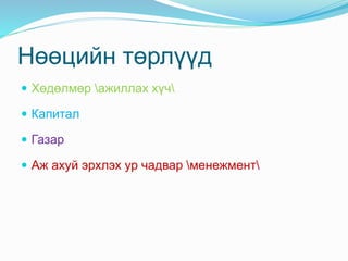 Нөөцийн төрлүүд
 Хөдөлмөр ажиллах хүч
 Капитал
 Газар
 Аж ахуй эрхлэх ур чадвар менежмент
 
