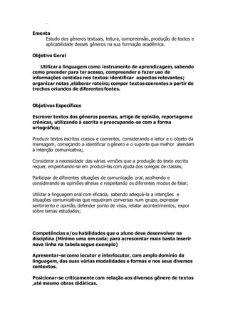 .
Ementa
Estudo dos gêneros textuais, leitura, compreensão, produção de textos e
aplicabilidade desses gêneros na sua formação acadêmica.
Objetivo Geral
Utilizar a linguagem como instrumento de aprendizagem, sabendo
como preceder para ter acesso, compreender e fazer uso de
informações contidas nos textos: identificar aspectos relevantes;
organizar notas ,elaborar roteiro; compor textos coerentes a partir de
trechos oriundos de diferentes fontes.
Objetivos Específicos
Escrever textos dos gêneros poemas, artigo de opinião, reportagem e
crônicas, utilizando á escrita e preocupando-se com a forma
ortográfica;
Produzir textos escritos coesos e coerentes, considerando o leitor e o objeto da
mensagem, começando a identificar o gênero e o suporte que melhor atendem
á intenção comunicativa;.
Considerar a necessidade das várias versões que a produção do texto escrito
requer, empenhando-se em produzi-las com ajuda dos colegas de classes;
Participar de diferentes situações de comunicação oral, acolhendo e
considerando as opiniões alheias e respeitando os diferentes modos de falar;
Utilizar a linguagem oral com eficácia, sabendo adequá-la a intenções e
situações comunicativas que requeiram conversas num grupo, expressar
sentimento e opinião, defender ponto de vista, relatar acontecimentos, expor
sobre temas estudados;
.
Competências e/ou habilidades que o aluno deve desenvolver na
disciplina (Mínimo uma em cada; para acrescentar mais basta inserir
nova linha na tabela segue exemplo)
Apresentar-se como locutor e interlocutor, com amplo domínio da
linguagem, das suas várias modalidades e formas e nos seus diversos
contextos.
Posicionar-se criticamente com relação aos diversos gênero de textos
,até mesmo obras didáticas.
 