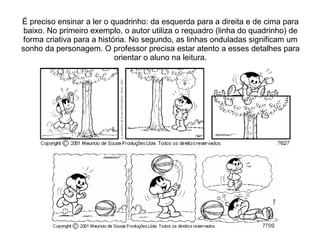 É preciso ensinar a ler o quadrinho: da esquerda para a direita e de cima para baixo. No primeiro exemplo, o autor utiliza o requadro (linha do quadrinho) de forma criativa para a história. No segundo, as linhas onduladas significam um sonho da personagem. O professor precisa estar atento a esses detalhes para orientar o aluno na leitura. 