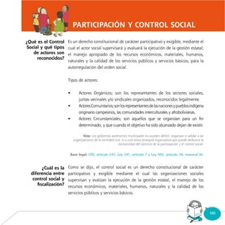 101Consultorio
Municipal
Es un derecho constitucional de carácter participativo y exigible, mediante el
cual el actor social supervisará y evaluará la ejecución de la gestión estatal;
el manejo apropiado de los recursos económicos, materiales, humanos,
naturales y la calidad de los servicios públicos y servicios básicos, para la
autorregulación del orden social.
Tipos de actores:
•	 Actores Orgánicos; son los representantes de los sectores sociales,
juntas vecinales y/o sindicales organizados, reconocidos legalmente.
•	 ActoresComunitarios;sonlosrepresentantesdelasnacionesypueblosindígena
originario campesinos, las comunidades interculturales y afrobolivianas.
•	 Actores Circunstanciales; son aquellos que se organizan para un fin
determinado, y que cuando el objetivo ha sido alcanzado dejan de existir.
Nota: Los gobiernos autónomos municipales no pueden definir, organizar o validar a las
organizaciones de la sociedad civil, ni a una única jerarquía organizativa que puede atribuirse la
exclusividad del ejercicio de la participación y el control social.
Base legal: CPE, artículo 241; Ley 341, artículo 7 y Ley 482, artículo 38, numeral III.
Como se dijo, el control social es un derecho constitucional de carácter
participativo y exigible mediante el cual las organizaciones sociales
supervisan y evalúan la ejecución de la gestión estatal, el manejo de los
recursos económicos, materiales, humanos, naturales y la calidad de los
servicios públicos y servicios básicos.
PARTICIPACIÓN Y CONTROL SOCIAL
¿Qué es el Control
Social y qué tipos
de actores son
reconocidos?
¿Cuál es la
diferencia entre
control social y
fiscalización?
 