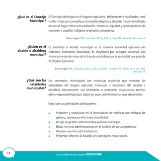 14 La Dra. Edilicia Barrios Campos RESPONDE
	
	
	
	
	
¿Qué es el Concejo
Municipal?
¿Quién es el
alcalde o alcaldesa
municipal?
¿Qué son las
secretarías
municipales?
 