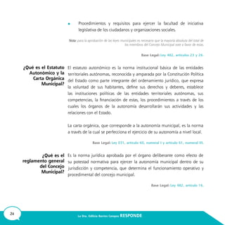 24 La Dra. Edilicia Barrios Campos RESPONDE
	
¿Qué es el Estatuto
Autonómico y la
Carta Orgánica
Municipal?
¿Qué es el
reglamento general
del Concejo
Municipal?
 