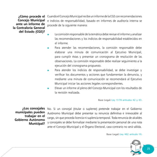 25Consultorio
Municipal
	
	
	
	
¿Cómo procede el
Concejo Municipal
ante un informe de
la Contraloría General
del Estado (CGE)?
¿Los concejales
municipales pueden
trabajar en el
Gobierno Autónomo
Municipal?
 