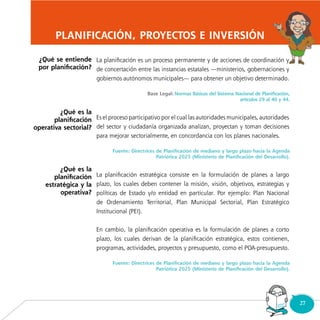 27Consultorio
Municipal
PLANIFICACIÓN, PROYECTOS E INVERSIÓN
¿Qué se entiende
por planificación?
¿Qué es la
planificación
operativa sectorial?
¿Qué es la
planificación
estratégica y la
operativa?
 