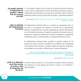34 La Dra. Edilicia Barrios Campos RESPONDE
¿Se puede contratar
la elaboración de
estudios a diseño
final con recursos
del IDH?
¿Qué se entiende
por Ordenamiento
Territorial?
¿Cuál es la diferencia
entre Plan de Uso
de Suelos y Plan
de Ocupación del
Territorio?
 