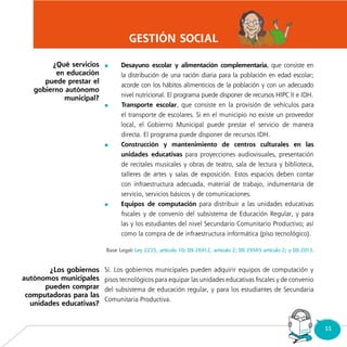 55Consultorio
Municipal
	
	
	
	
GESTIÓN SOCIAL
¿Qué servicios
en educación
puede prestar el
gobierno autónomo
municipal?
¿Los gobiernos
autónomos municipales
pueden comprar
computadoras para las
unidades educativas?
 