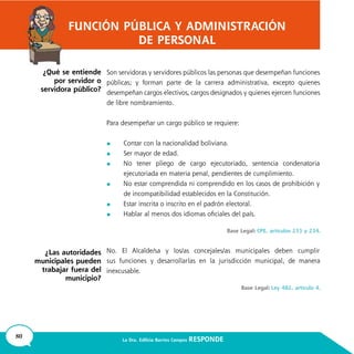 80 La Dra. Edilicia Barrios Campos RESPONDE
	
	
	
	
	
	
FUNCIÓN PÚBLICA Y ADMINISTRACIÓN
DE PERSONAL
¿Qué se entiende
por servidor o
servidora público?
¿Las autoridades
municipales pueden
trabajar fuera del
municipio?
 
