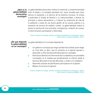 98 La Dra. Edilicia Barrios Campos RESPONDE
La gobernabilidad democrática implica la interacción y complementariedad
entre el Estado y la Sociedad (sociedad civil, sector privado) para hacer
efectiva la realización y el ejercicio de los derechos humanos. Se orienta
a profundizar el Estado de Derecho y su institucionalidad, a afianzar los
principios y valores democráticos y a mejorar las condiciones de vida de
la población a través de una buena gestión de los asuntos públicos y la
prestación de servicios de calidad y calidez. La gobernabilidad implica la
puesta en práctica de cinco principios: transparencia, rendición de cuentas,
no discriminación, participación y efectividad.
Fuente: Carpeta de trabajo. Gestión municipal participativa de educación, salud y
lucha contra la violencia (PADEM, 2015).
La gobernabilidad en el municipio depende de:
	 Un gobierno municipal que tenga claridad hacia dónde quiere llegar
en cinco años, es decir, que los esfuerzos en la gestión apunten a
desarrollar un Plan de Desarrollo Municipal con resultados
	 Efectivizar el derecho a la información de la ciudadanía y las autoridades
municipales, en la medida que periódicamente se informe desde el
Ejecutivo Municipal al Concejo Municipal, y ambos a la ciudadanía.
	 Desarrollar procesos de planificación participativos en la gestión.
	 Mejorar los servicios en general.
Fuente: Carpeta de trabajo. Gestión municipal participativa de educación, salud y
lucha contra la violencia (PADEM, 2015).
¿Qué es la
gobernabilidad
democrática
municipal?
¿De qué depende
la gobernabilidad
en un municipio?
 