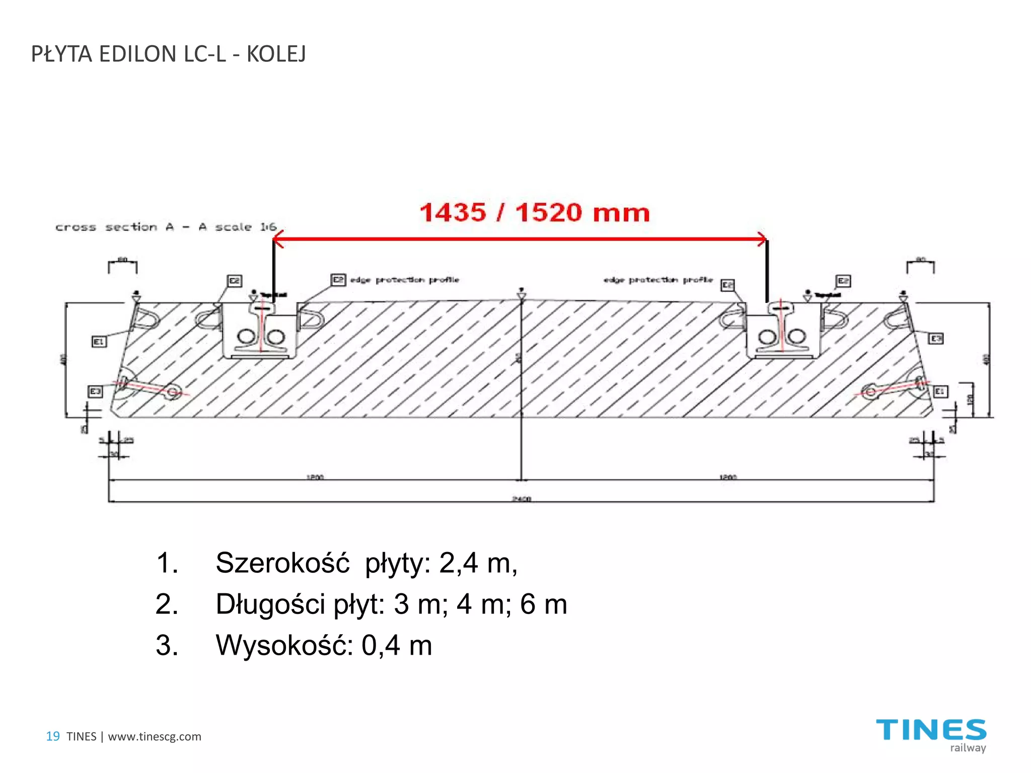 1. 
Szerokość płyty: 2,4 m, 
2.Długości płyt: 3 m; 4 m; 6 m 
3.Wysokość: 0,4 m 
PŁYTA EDILON LC-L - KOLEJ 
19 
TINES | www.tinescg.com  