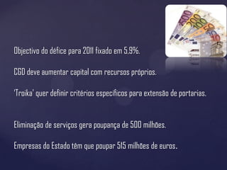 Objectivo do défice para 2011 fixado em 5,9%.

CGD deve aumentar capital com recursos próprios.

‘Troika' quer definir critérios específicos para extensão de portarias.


Eliminação de serviços gera poupança de 500 milhões.

Empresas do Estado têm que poupar 515 milhões de euros.
 