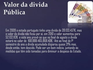 Valor da divida
Pública

Em 2009 o estado português tinha uma divida de 39.133.457€, mas
o valor da divida não ficou por ai, em 2010 o valor aumentou para
52.132.112€ e este ano prevê-se que no final de agosto a divida
estará no valor de 168.888.465.868,40€. Até ao final do 1º
semestre do ano a dívida acumulada disparou quase 21% mas,
desde então, tem descido. Pode ser um bom indício, juntando às
medidas que têm sido tomadas para diminuir a despesa do Estado.
 