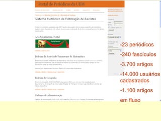 -23 periódicos 240 fascículos 3.700 artigos 14.000 usuários cadastrados 1.100 artigos  em fluxo 