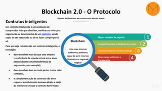 Blockchain 2.0 - O Protocolo
O poder do Blockchain para outros usos além da moeda
Um contrato inteligente é um protocolo de
computador feito para facilitar, verificar ou reforçar a
negociação ou desempenho de um contrato, sendo
capaz de ser executado ou de se fazer cumprir por si
só.
Para que seja considerado um contrato inteligente, a
transação:
● deve envolver mais do que uma simples
transferência de moeda virtual entre duas
pessoas (como uma transferência de
pagamento, por exemplo),
● deve envolver duas ou mais partes (como todo
contrato),
● e a implementação do contrato não deve
requerer envolvimento humano direto a partir
do momento em que o contrato foi firmado.
Contratos inteligentes
1
2
3
4
Novos modelos de negócio
Blockchain
Uma nova internet,
autônoma, poderosa,
capaz de gerir recursos
financeiros e regras de
negócio
Inclusão financeira e eficiência em custos
Contratos inteligentes e desburocratização
Governança autônoma e
transparente
 