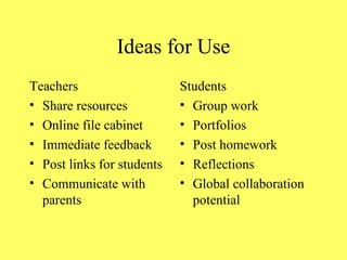 Ideas for Use Teachers Share resources Online file cabinet Immediate feedback Post links for students Communicate with parents Students Group work Portfolios Post homework Reflections Global collaboration potential 