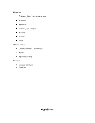 Productos:

       Edimca ofrece productos como:
    Acabados.

    Adhesivos.

      Soporte para herrajes.

    Madera.

    Puertas.

    Pisos.

Materia prima:

    Chapa de madera ( melamilico).

    Triplex.

    Aglomerados mdf.

Insumos:

       Cinta de embalaje.
       Etiquetas.




                                Organigrama.
 