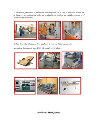 El sistema de proceso de la producción es bajo pedido, en el cual se revisa los planos con
la factura y se confirma la orden de producción se verifica las medidas, espesor y el
recubrimiento de madera.




El flujo de producción que se lleva a cabo en la empresa Edimca es en lotes.

(cortadora, laminadora, tupy, CNC. Akron 440, perforadora.)




                              Proceso de Manufactura.
 