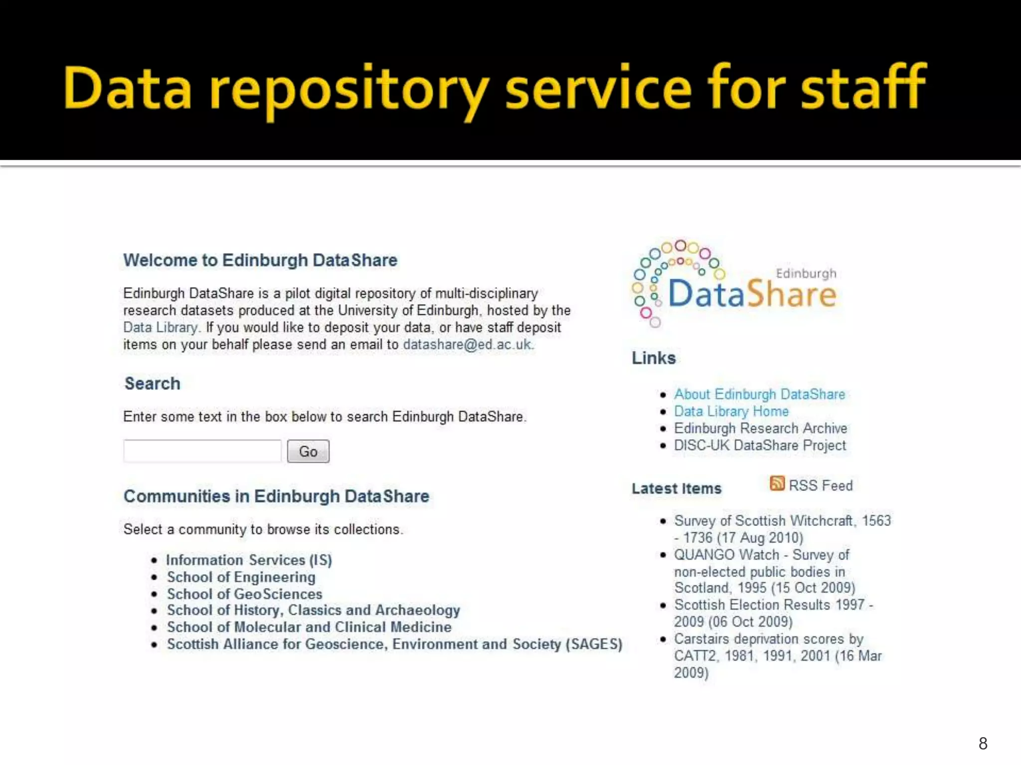 Data repository service for staff8