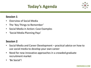 Today’s AgendaSession 1Overview of Social MediaThe ‘Key Things to Remember’Social Media in Action: Case Examples‘Social Media Planning Pays’Session 2Social Media and Career Development – practical advice on how to use social media to develop your own careerNeed for new innovative approaches in a crowded graduate recruitment market‘Be Social’!