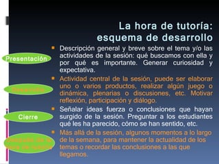 La hora de tutoría: esquema de desarrollo Descripción general y breve sobre el tema y/o las actividades de la sesión: qué buscamos con ella y por qué es importante. Generar curiosidad y expectativa. Actividad central de la sesión, puede ser elaborar uno o varios productos, realizar algún juego o dinámica, plenarias o discusiones, etc. Motivar reflexión, participación y diálogo. Señalar ideas fuerza o conclusiones que hayan surgido de la sesión. Preguntar a los estudiantes qué les ha parecido, cómo se han sentido, etc. Más allá de la sesión, algunos momentos a lo largo de la semana, para mantener la actualidad de los temas o recordar las conclusiones a las que llegamos. Presentación Desarrollo Cierre Después de la hora de tutoría 